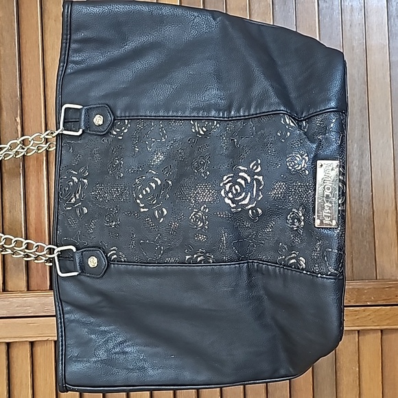 Betsey Johnson vegan leather laser cut purse tote golden tone roses - Picture 3 of 14